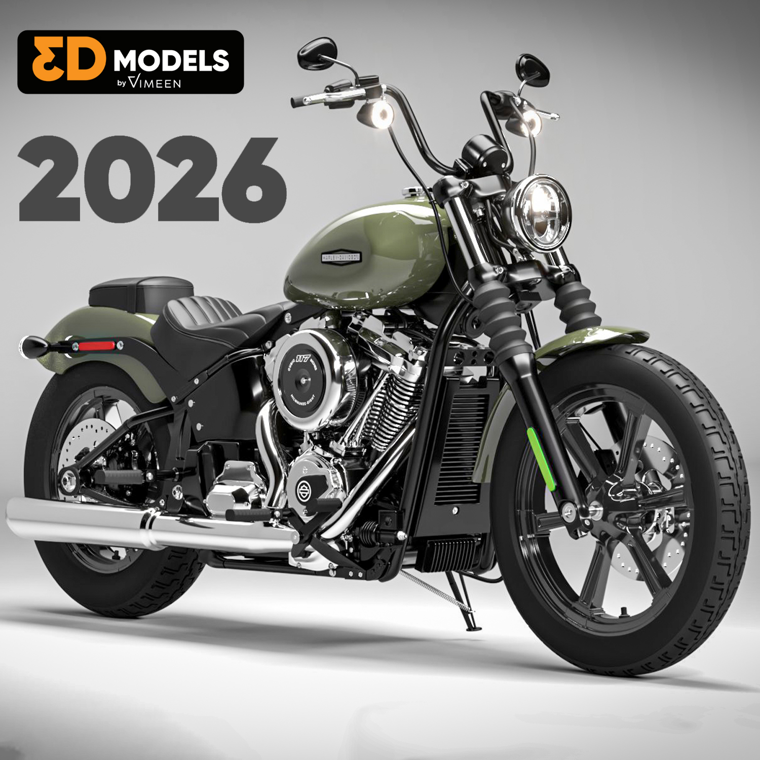 Harley Davidson Street Bob 2026 3D Model (Olive Steel Metallic)