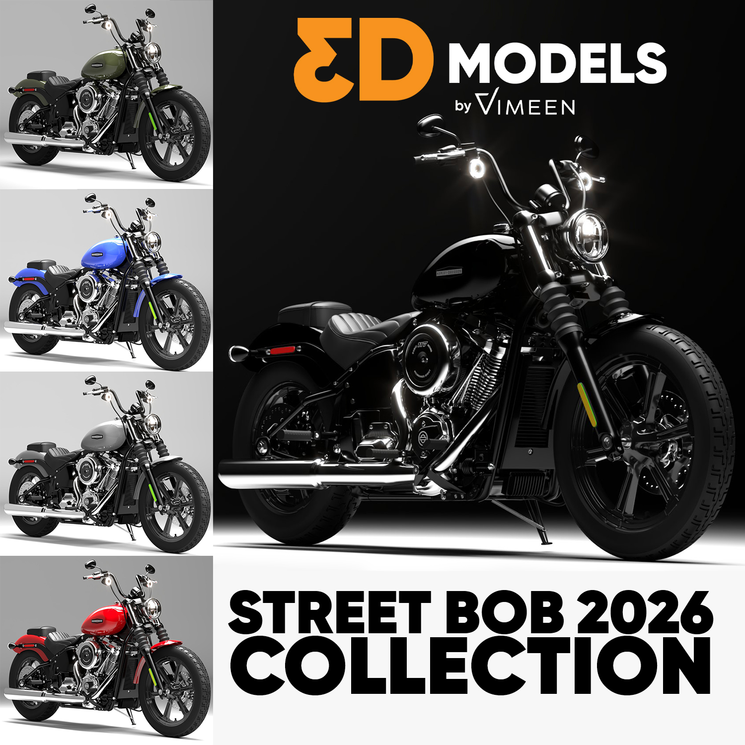 Harley Davidson Street Bob 2026 3D Model Collection (All Color)