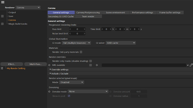 corona render arayüzü